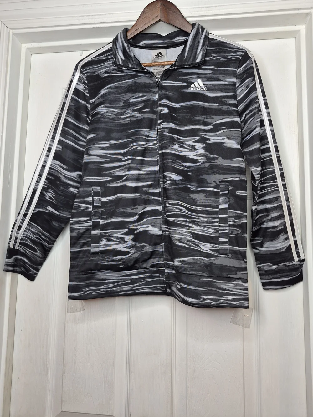 adidas Black & White Marbled Stripe Track Jacket Boys Size Large 14/16